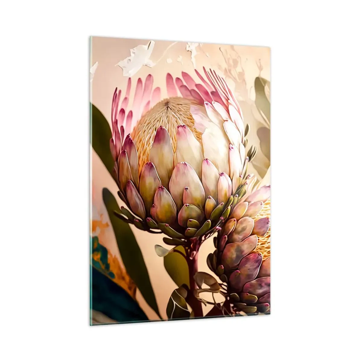 Obraz na szkle - Kwiaty protei w ciepłej tonacji i miękkim świetle - 50x70cm - Czule objęte - Nowoczesna dekoracja ścienna do salonu, kuchni i sypialni ARTTOR