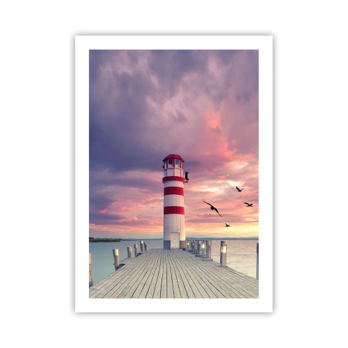 Plakat - Latarnia morska na tle zachodu słońca - 50x70cm - Pora do portu - Nowoczesna dekoracja ścienna do salonu, kuchni i sypialni ARTTOR