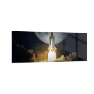 Obraz na szkle - Rakieta startująca na tle pełni księżyca w otoczeniu dynamicznych chmur - 140x50cm - Początek nieziemskiej przygody - Nowoczesna dekoracja ścienna do salonu i sypialni ARTTOR