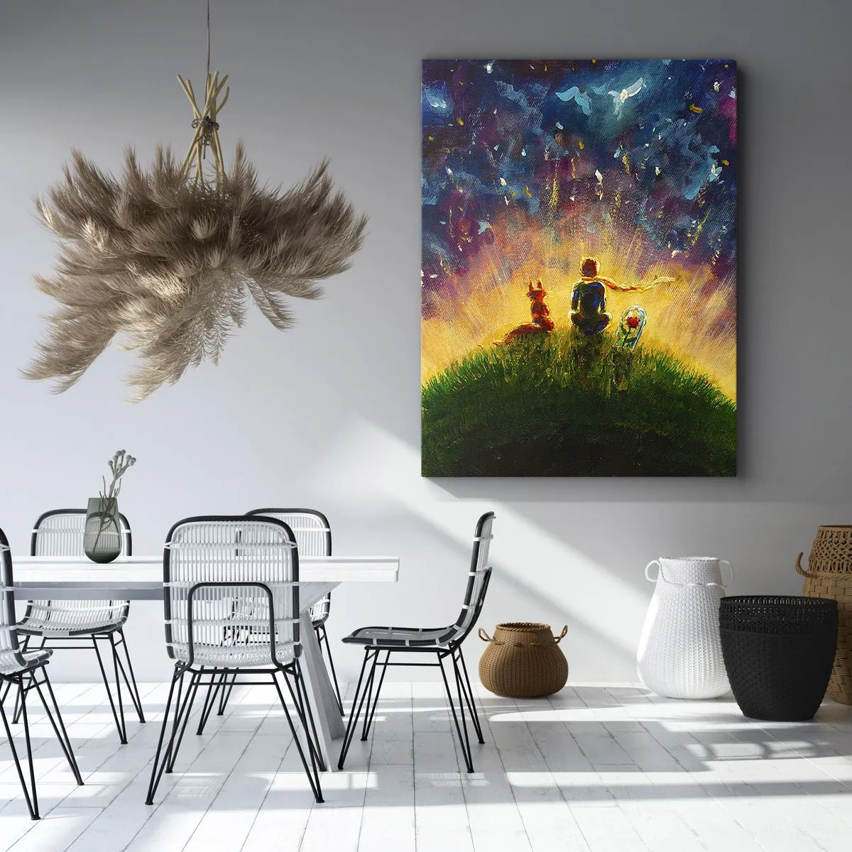Obraz na płótnie - Chłopiec i lis w magicznej scenerii na wzgórzu - 50x70cm - Miłość i przyjaźń - cały świat - Nowoczesna dekoracja ścienna do salonu, kuchni i sypialni ARTTOR