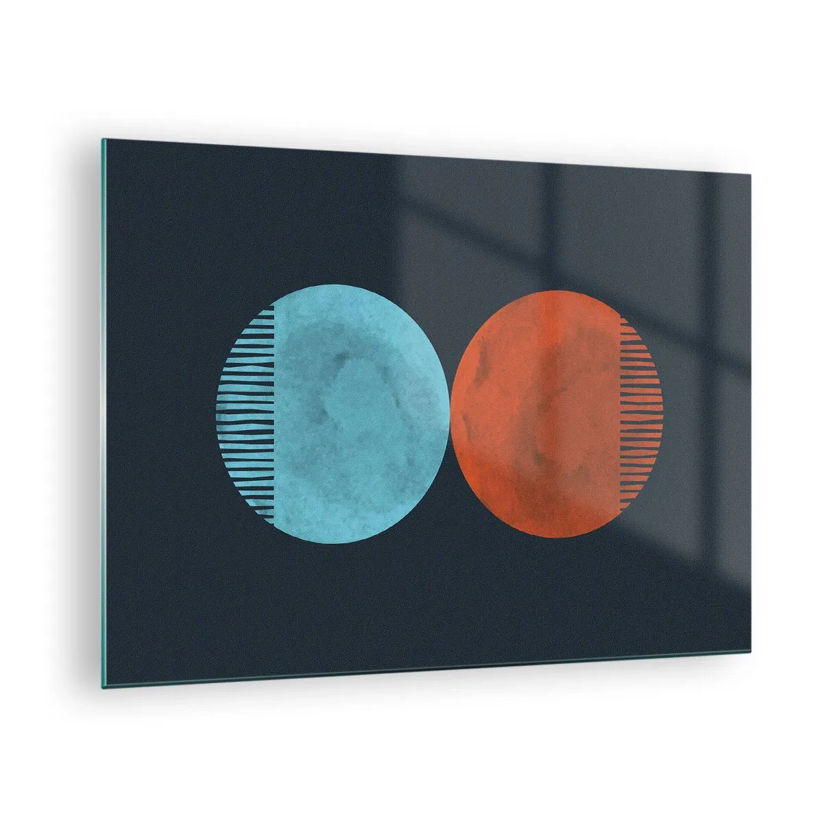 Obraz na szkle - Abstrakcyjne koła w kolorach niebieskim i pomarańczowym - 70x50cm - Tylko geometria? - Nowoczesna dekoracja ścienna do salonu i sypialni ARTTOR