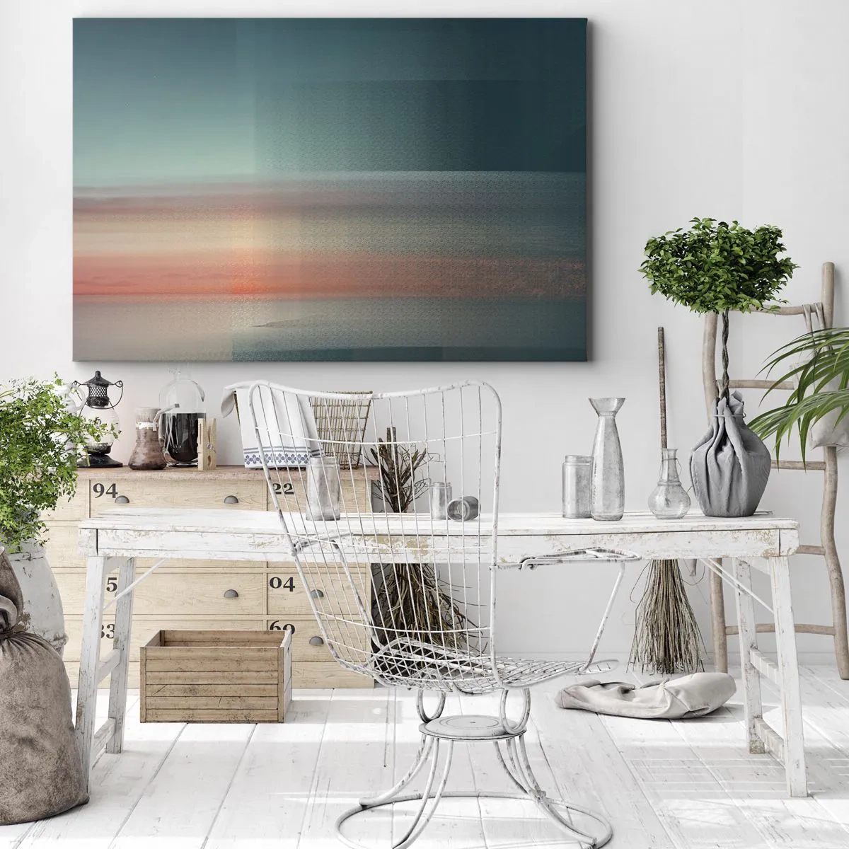 Obraz na płótnie - Zachód słońca w pastelowych odcieniach nad spokojnym horyzontem - 70x50cm - Abstrakcja: fale światła - Nowoczesna dekoracja ścienna do salonu i sypialni ARTTOR
