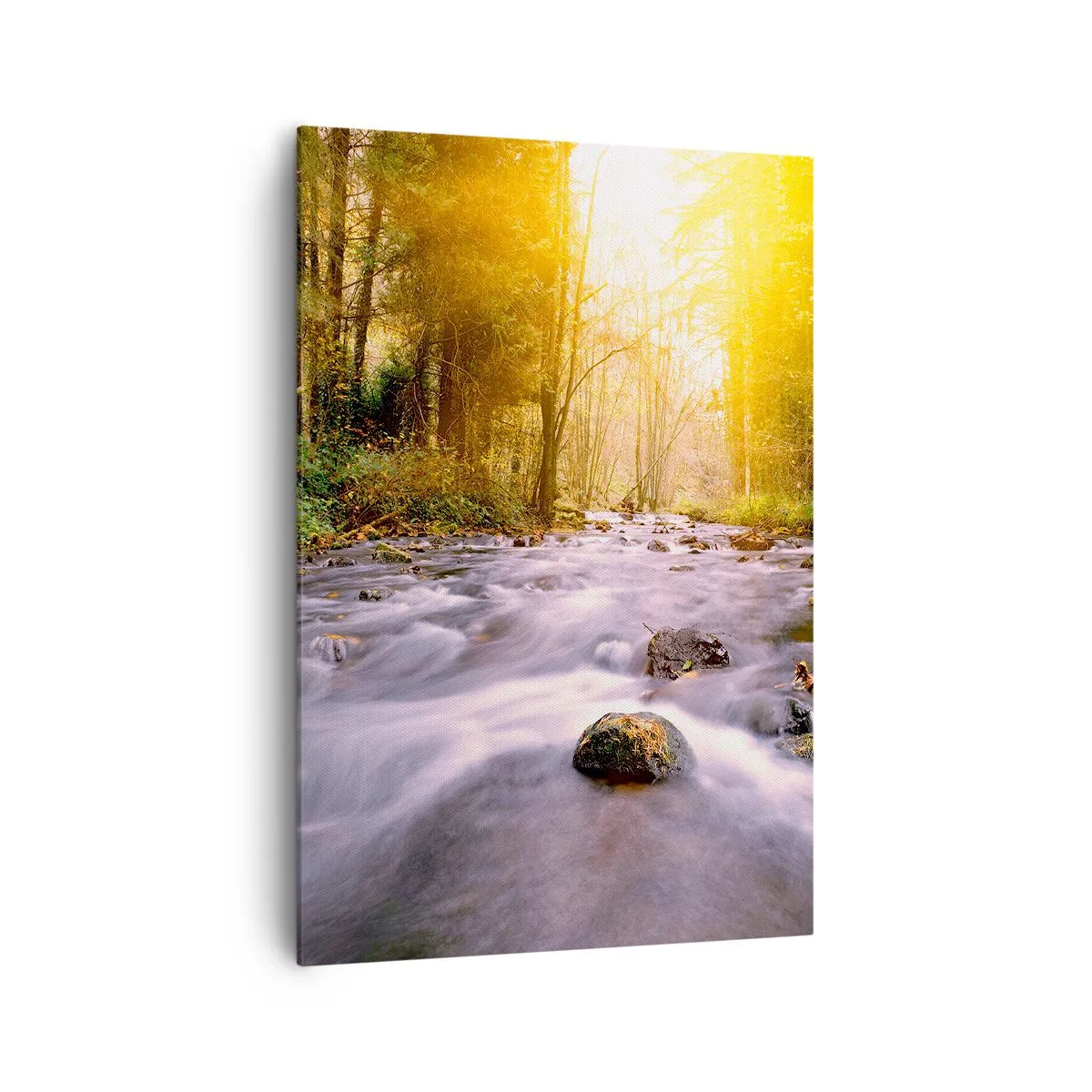 Obraz na płótnie - Leśny strumień oświetlony promieniami słońca - 70x100cm - Malachit w srebrno-złotej oprawie - Nowoczesna dekoracja ścienna do salonu i sypialni ARTTOR