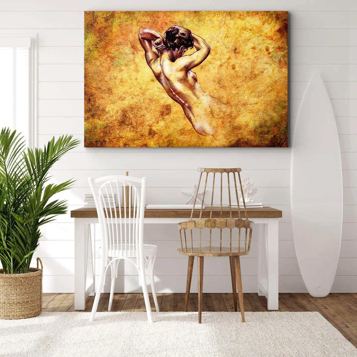 Obraz na płótnie - Artystyczny akt kobiecy na złotym tle w stylu klasycznym - 70x50cm - Odkryta, ale wciąż tajemnica - Nowoczesna dekoracja ścienna do salonu i sypialni ARTTOR