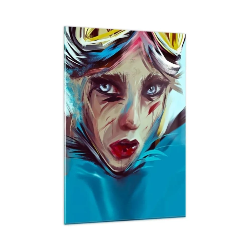Obraz na szkle - Portret kobiety w dynamicznych kolorach i abstrakcyjnym stylu - 80x120cm - Wojowniczka szos - Nowoczesna dekoracja ścienna do salonu i sypialni ARTTOR