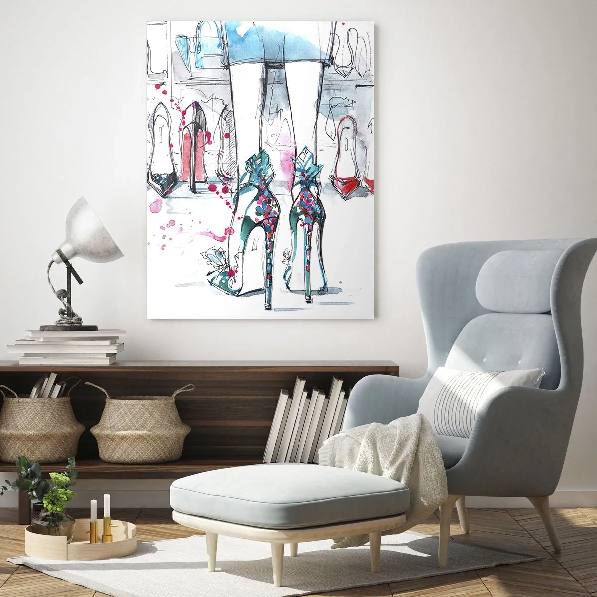Obraz na szkle - Ilustracja z eleganckimi butami na szpilkach w sklepie - 50x70cm - Sezamie, otwórz się - Nowoczesna dekoracja ścienna do salonu, kuchni i sypialni ARTTOR