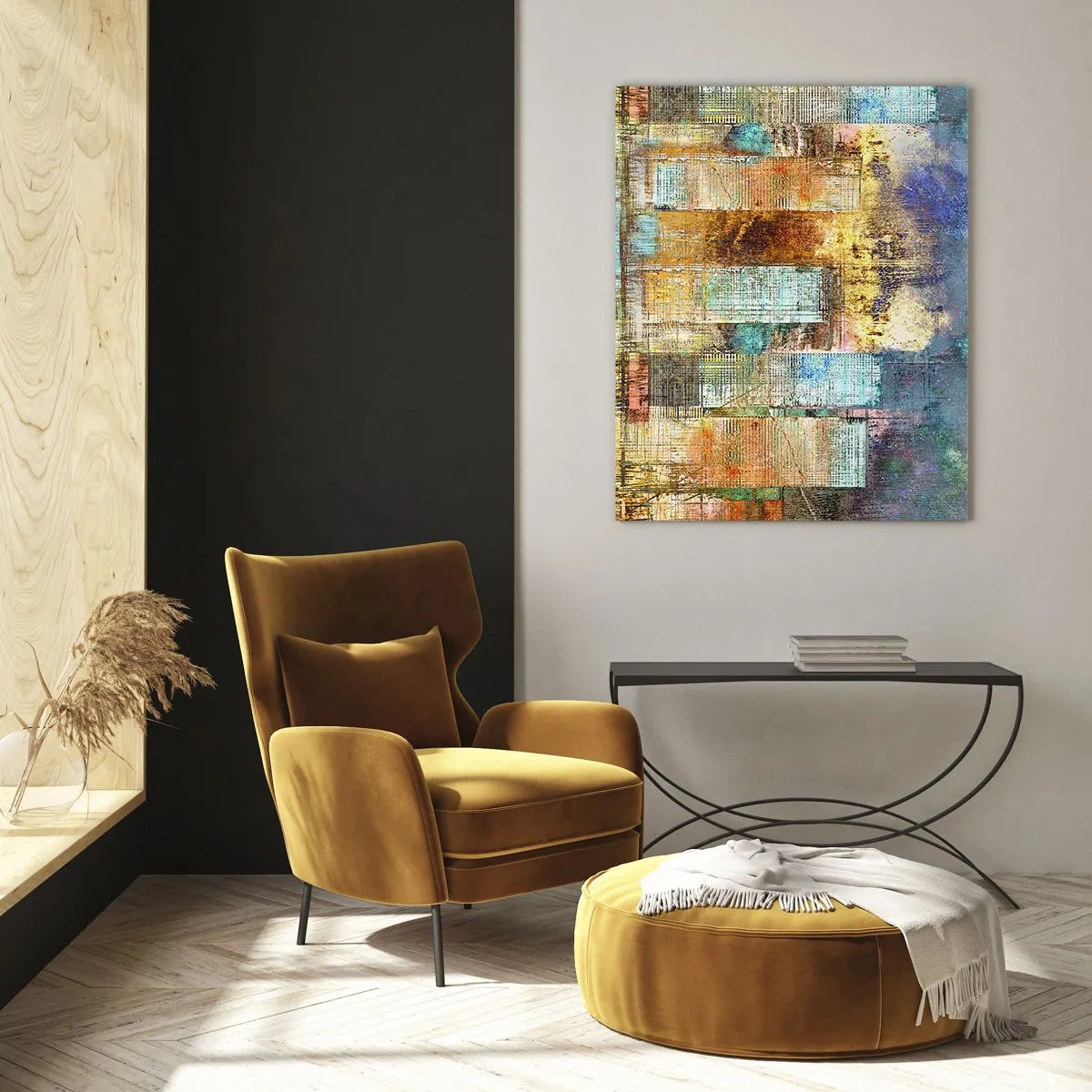 Obraz na szkle - Abstrakcyjne wieżowce w industrialnej stylistyce - 80x120cm - Słoneczna metropolia - Nowoczesna dekoracja ścienna do salonu i sypialni ARTTOR