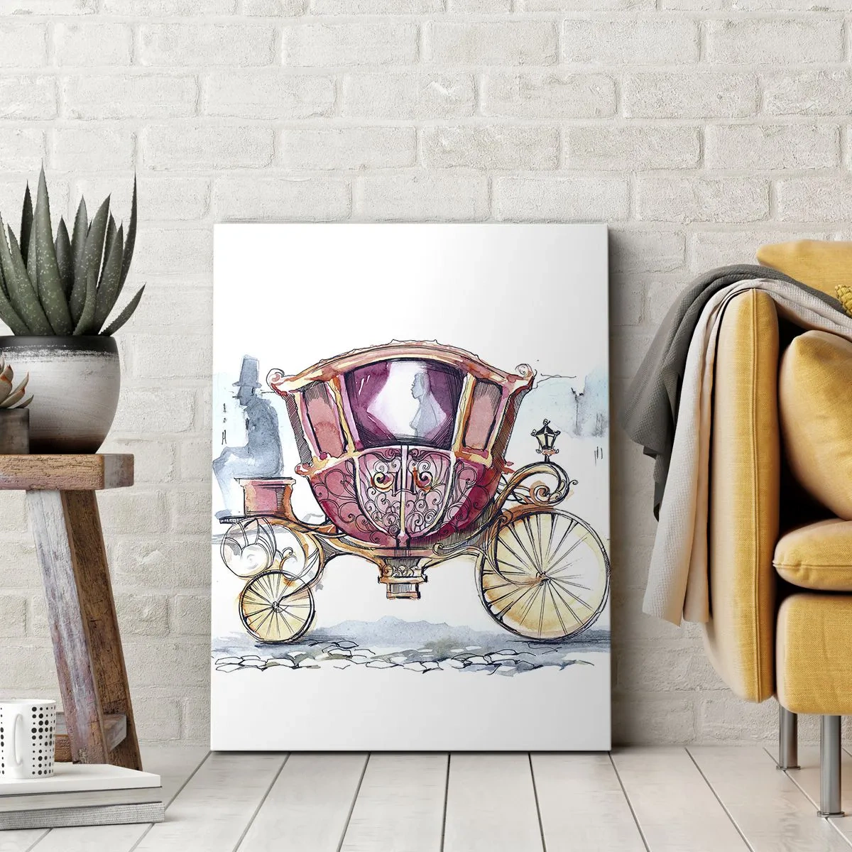 Obraz na płótnie - Elegancka karoca w stylu retro w odcieniach różu i złota - 50x70cm - Do ślubu czy na bal? - Nowoczesna dekoracja ścienna do salonu, kuchni i sypialni ARTTOR
