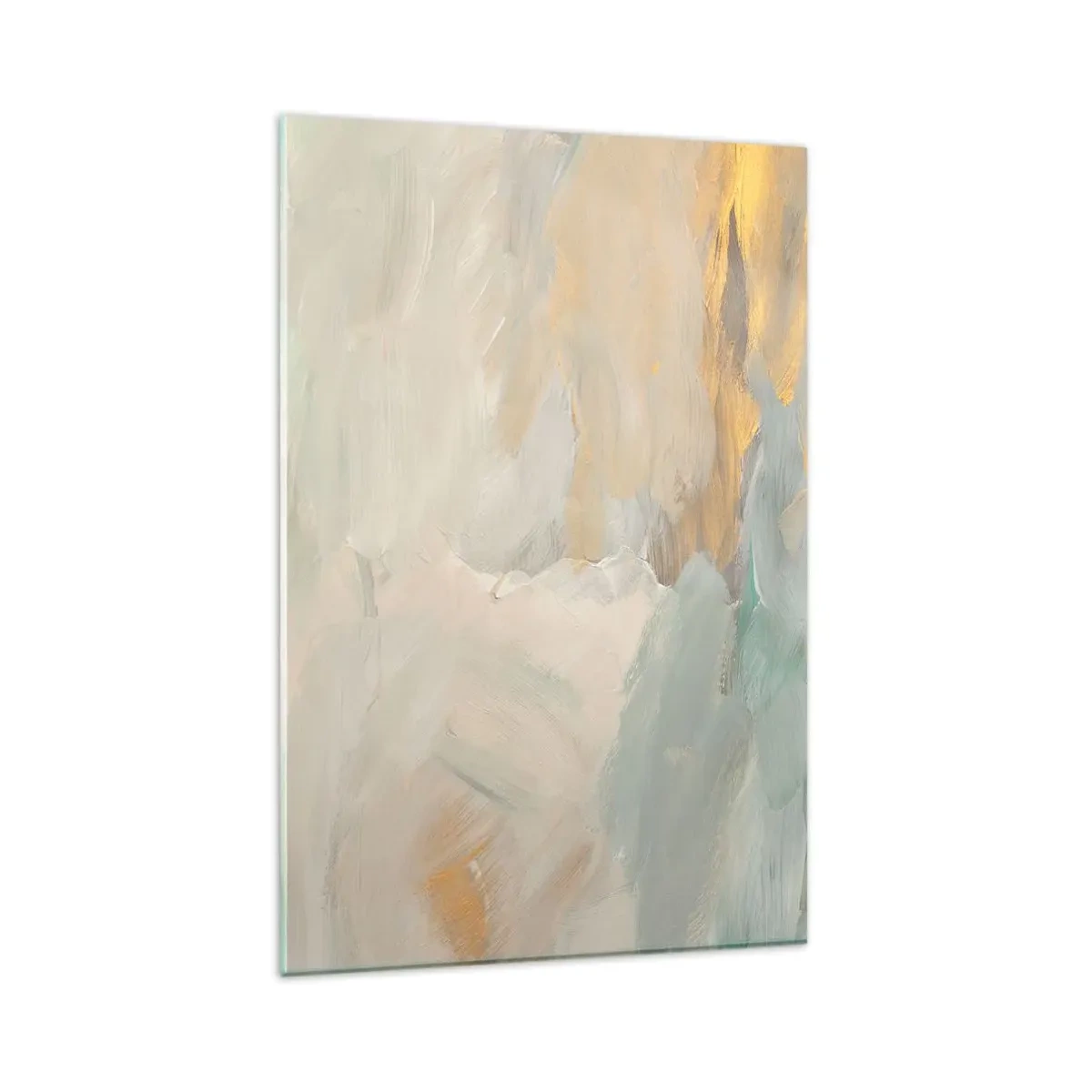 Obraz na szkle - Delikatne abstrakcyjne pociągnięcia w odcieniach bieli i złota - 80x120cm - Abstrakcja – kraina łagodności - Nowoczesna dekoracja ścienna do salonu i sypialni ARTTOR