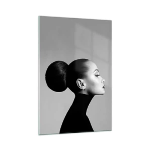 Obraz na szkle - Profil kobiety w czerni i bieli z eleganckim kokiem - 70x100cm - Współczesna Nefretete - Nowoczesna dekoracja ścienna do salonu i sypialni ARTTOR