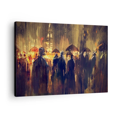 Obraz na płótnie - Postacie z parasolami w deszczowym mieście nocą - 70x50cm - Wyznawcy deszczu - Nowoczesna dekoracja ścienna do salonu i sypialni ARTTOR