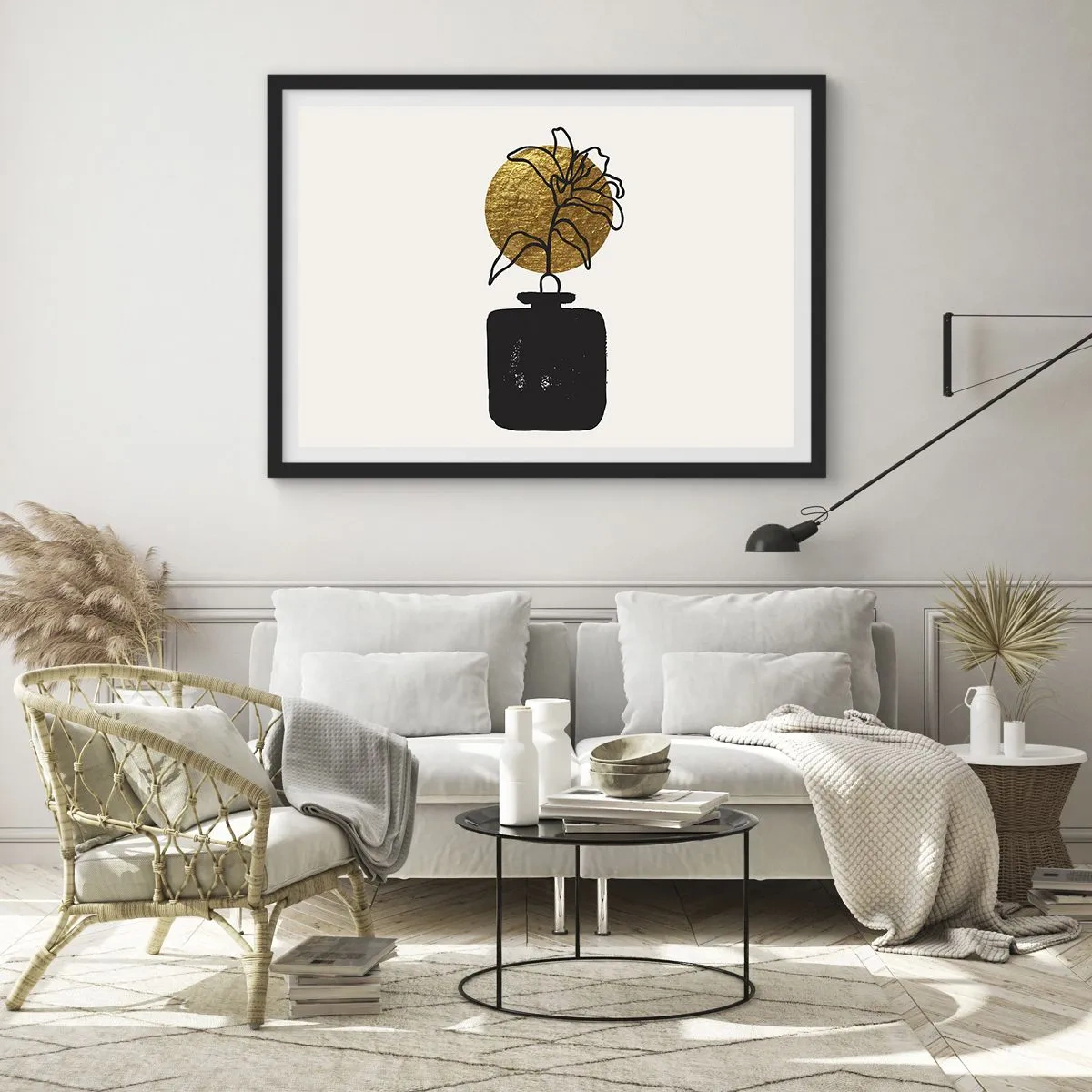 Plakat w czarnej ramie - Rysunkowy kwiat w wazonie na tle złotego okręgu - 70x50cm - Piękno na wagę złota - Nowoczesna dekoracja ścienna do salonu i sypialni ARTTOR