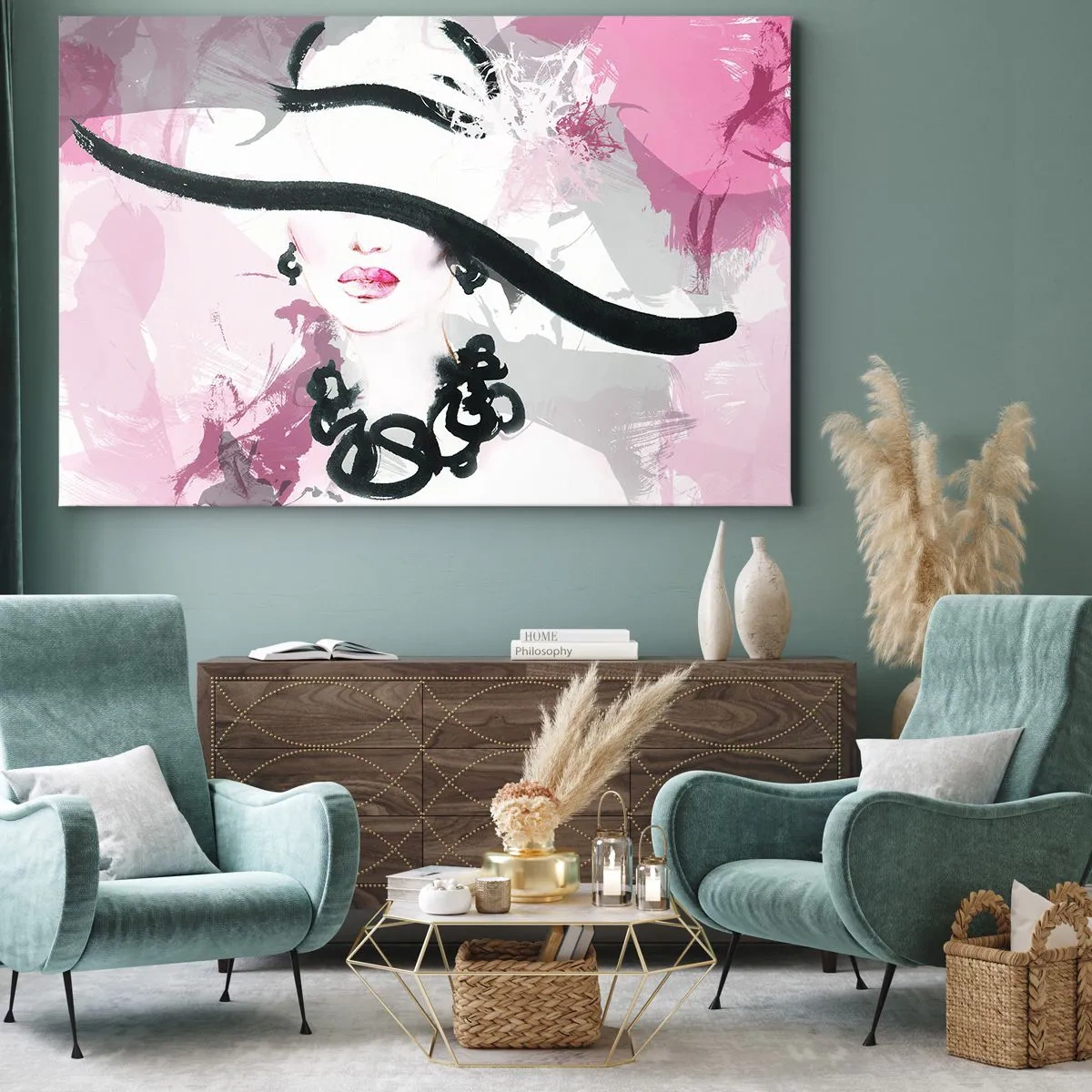 Obraz na płótnie - Elegancka kobieta w kapeluszu na tle różowych abstrakcji - 70x50cm - Portret damy w czerni i różu - Nowoczesna dekoracja ścienna do salonu i sypialni ARTTOR