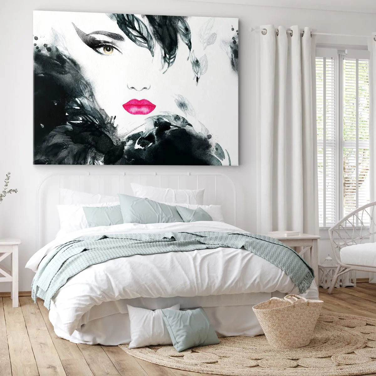 Obraz na płótnie - Artystyczny portret kobiety z intensywnie różowymi ustami - 70x50cm - Uwaga! Femme fatale - Nowoczesna dekoracja ścienna do salonu i sypialni ARTTOR