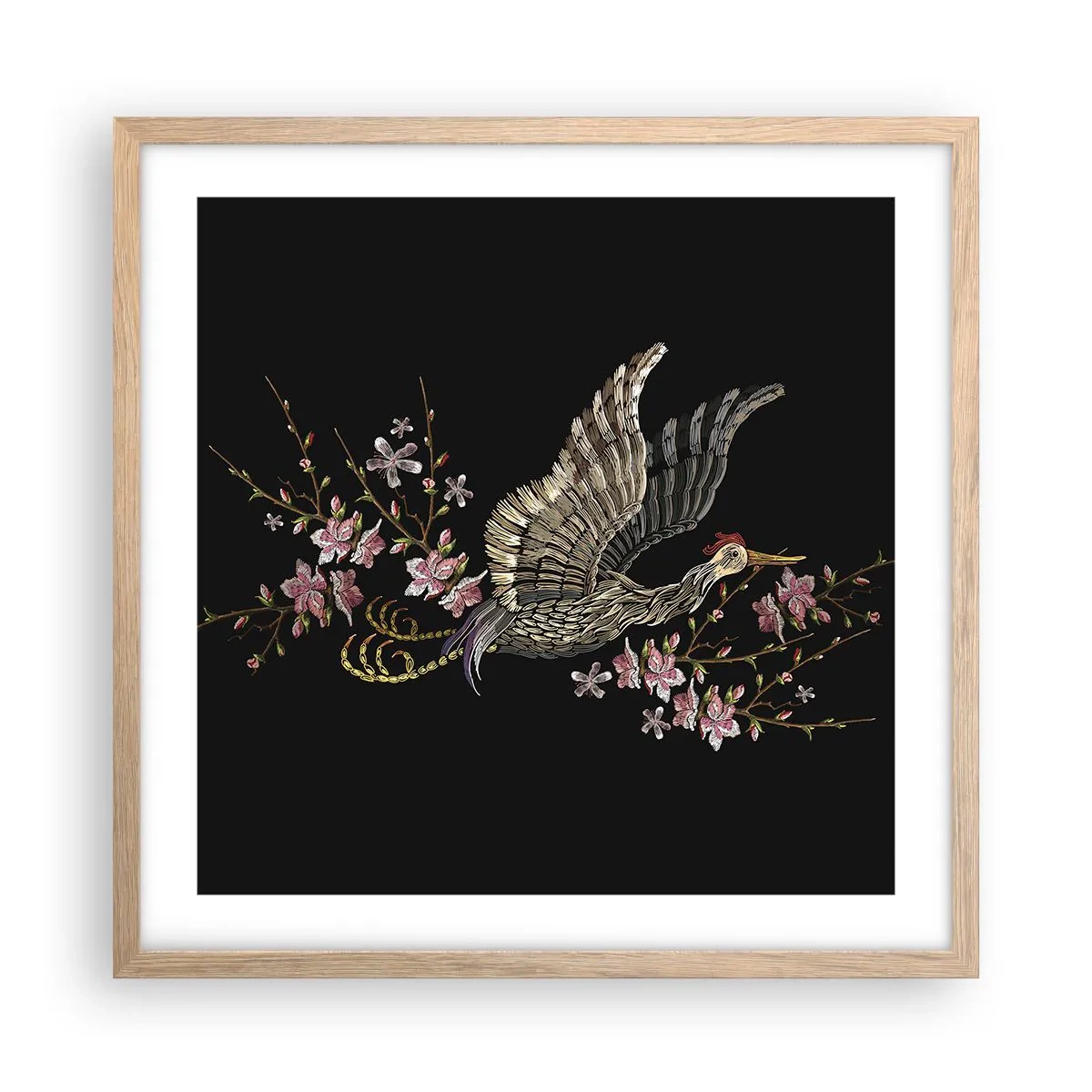 Plakat w ramie jasny dąb - Egzotyczny, haftowany ptak - 50x50 cm
