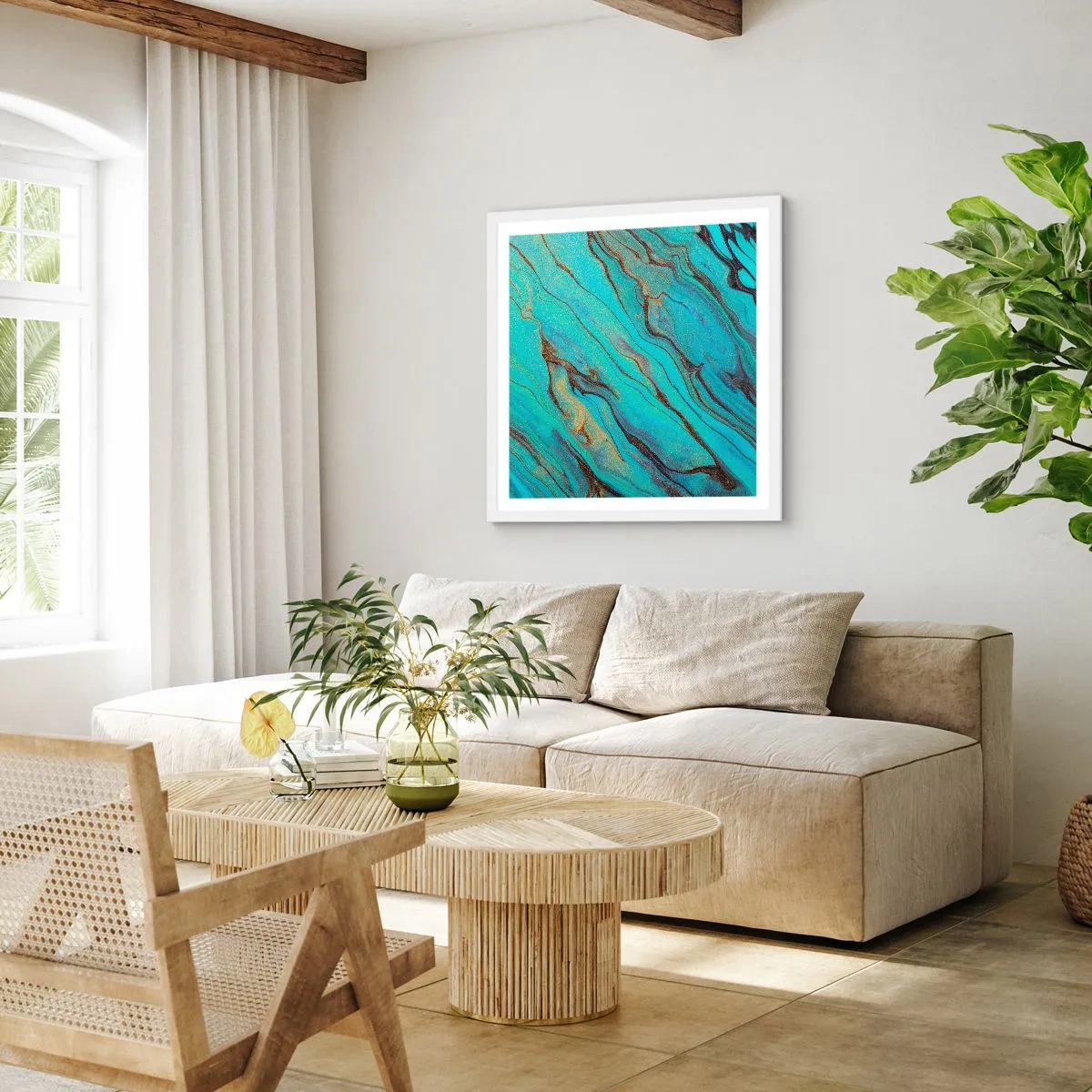 Plakat w białej ramie - Turkusowy przypływ - 40x40 cm