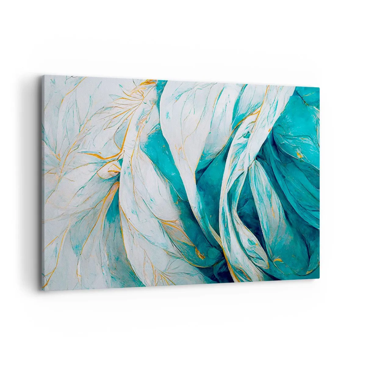 Obraz na płótnie - Abstrakcyjne błękitne liście ze złotymi detalami - 120x80cm - Błękitna abstrakcja z motywem złota - Nowoczesna dekoracja ścienna do salonu, kuchni i sypialni ARTTOR