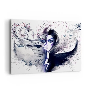 Obraz na płótnie - Abstrakcyjna twarz z kontrastowymi elementami i motywem skrzydeł - 100x70cm - Demoniczna i piękna - Nowoczesna dekoracja ścienna do salonu, kuchni i sypialni ARTTOR