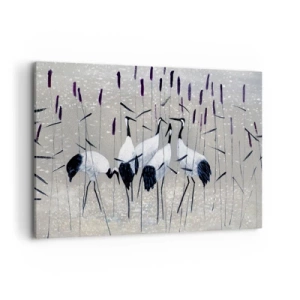 Obraz na płótnie - Czaple wśród traw na spokojnym tle - 120x80cm - Wśród swoich - Nowoczesna dekoracja ścienna do salonu, kuchni i sypialni ARTTOR