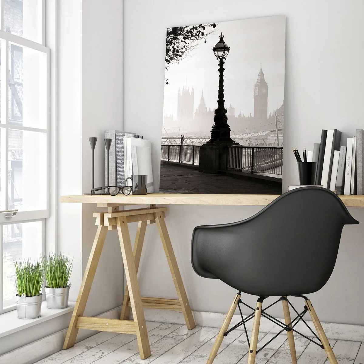 Obraz na szkle - Czarno-biała fotografia londyńskiej promenady z Big Benem - 50x70cm - Londyński poranek - Nowoczesna dekoracja ścienna do salonu, kuchni i sypialni ARTTOR