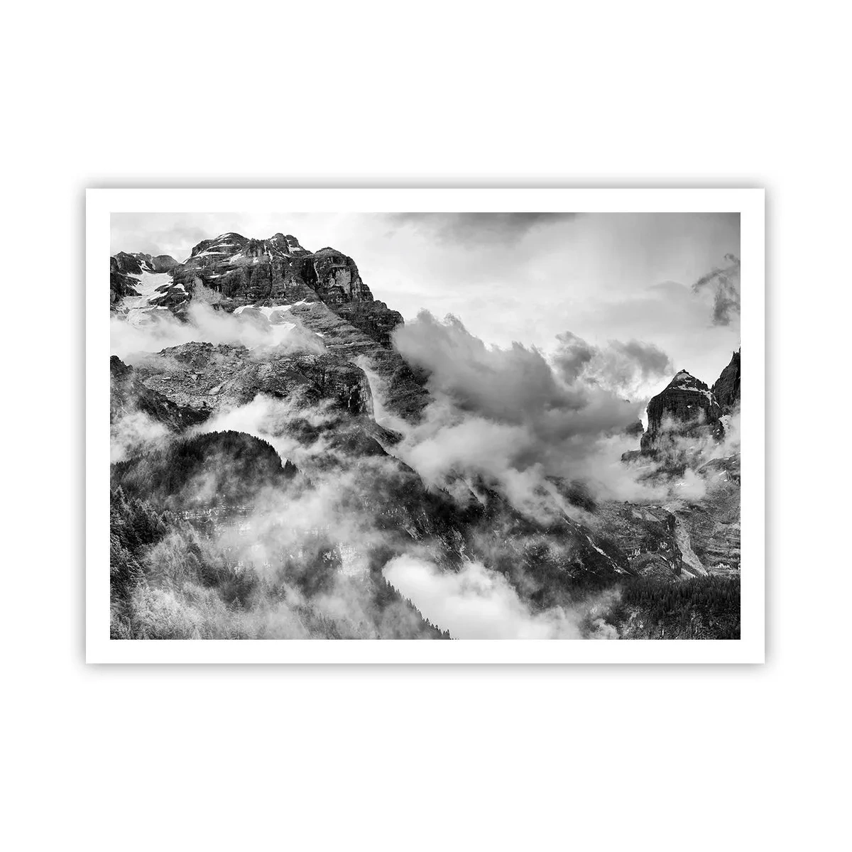 Plakat - Czarno-biały widok gór otoczonych chmurami - 100x70cm - Piękne i okrutne - Nowoczesna dekoracja ścienna do salonu i sypialni ARTTOR