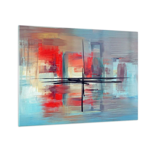 Obraz na szkle - Kolorowa abstrakcja z czerwienią i błękitem inspirowana pejzażem - 70x50cm - Pejzaż w nieznanym wymiarze - Nowoczesna dekoracja ścienna do salonu i sypialni ARTTOR