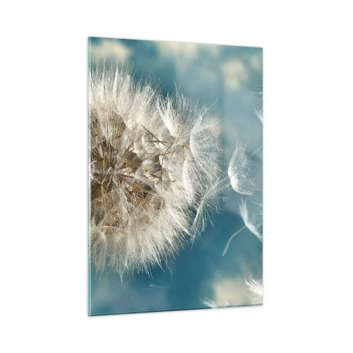 Obraz na szkle - Delikatny dmuchawiec na tle nieba z unoszącymi się nasionami - 50x70cm - Oddech anioła - Nowoczesna dekoracja ścienna do salonu, kuchni i sypialni ARTTOR
