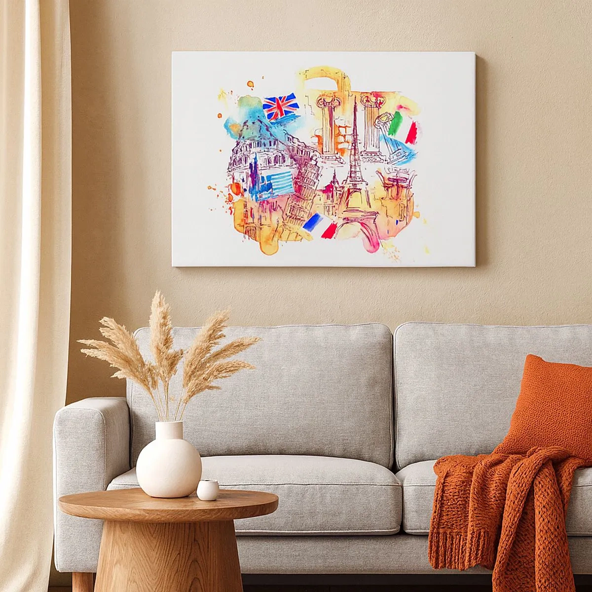 Obraz na płótnie - Akwarela europejskich symboli z flagami krajów - 70x50cm - Europejskie tourne - Nowoczesna dekoracja ścienna do salonu i sypialni ARTTOR