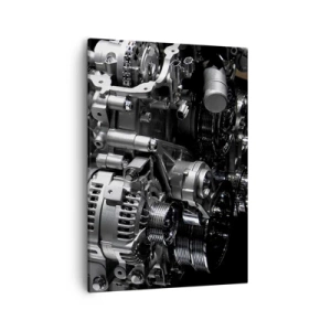 Obraz na płótnie - Skomplikowany mechanizm silnika w odcieniach srebra - 50x70cm - Stalowy, piękny, silny - Nowoczesna dekoracja ścienna do salonu, kuchni i sypialni ARTTOR
