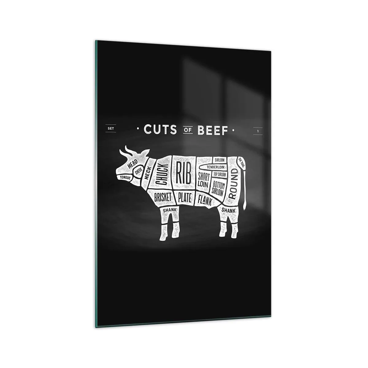 Obraz na szkle - Diagram cięć wołowych na czarnym tle - 70x100cm - Elementarz masarza - Nowoczesna dekoracja ścienna do salonu i sypialni ARTTOR