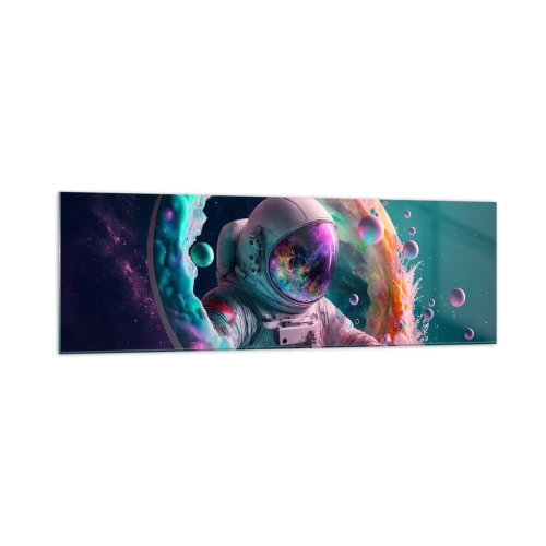 Obraz na szkle - Astronauta w kolorowej kosmicznej aurze - 160x50cm - Gwiezdne wrota - Nowoczesna dekoracja ścienna do salonu i sypialni ARTTOR