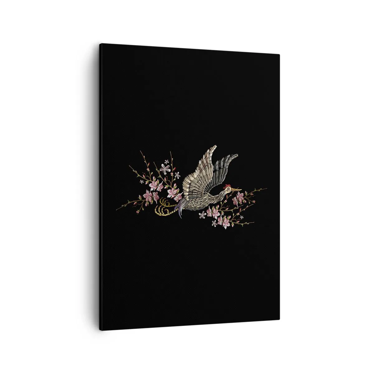 Obraz na płótnie - Żuraw w locie otoczony kwiatami wiśni na czarnym tle - 50x70cm - Egzotyczny, haftowany ptak - Nowoczesna dekoracja ścienna do salonu, kuchni i sypialni ARTTOR