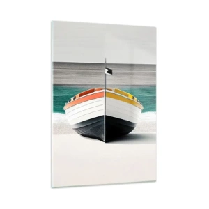 Obraz na szkle - Kolorowa łódź na plaży z turkusowym morzem w tle - 50x70cm - Na swoim miejscu - Nowoczesna dekoracja ścienna do salonu, kuchni i sypialni ARTTOR