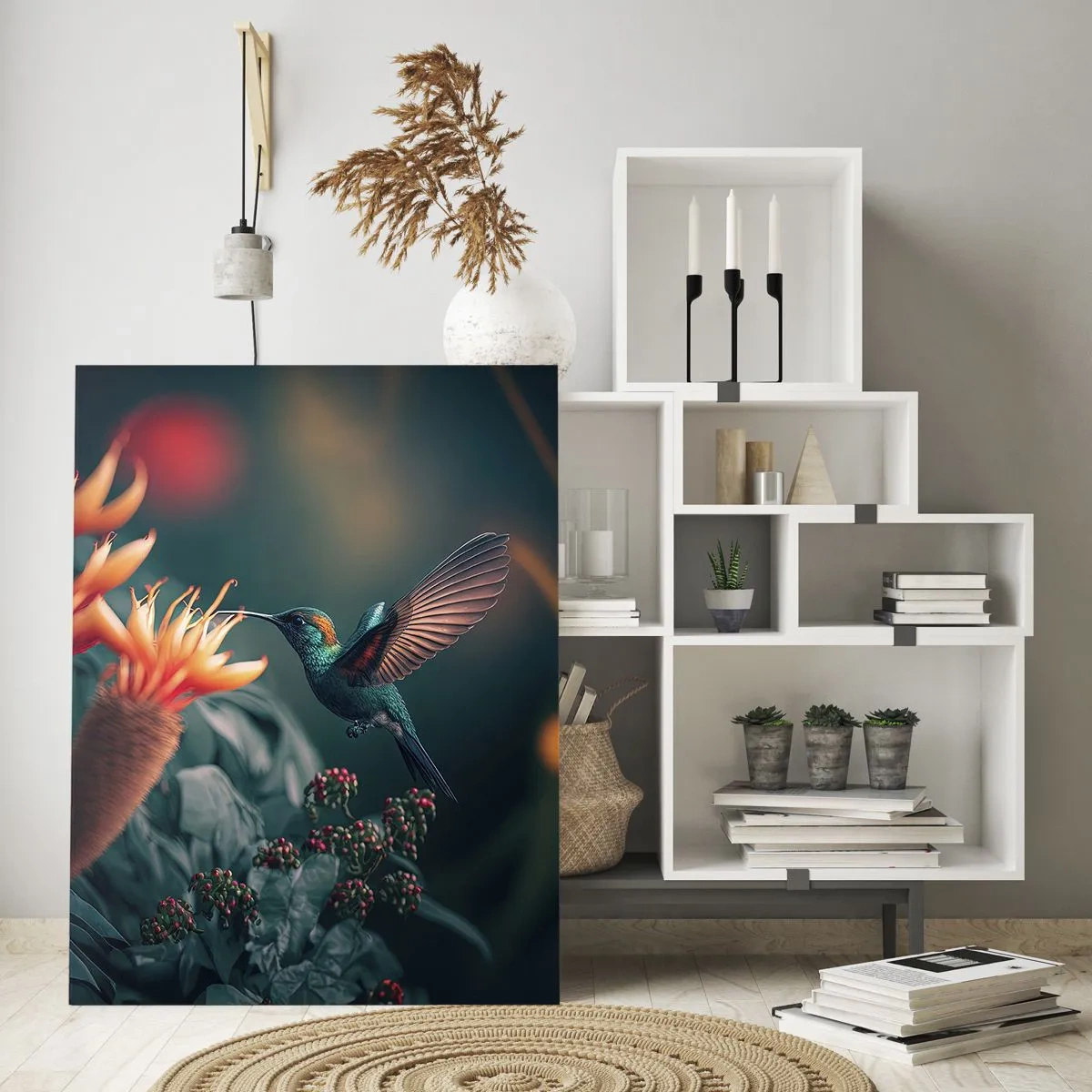 Obraz na szkle - Kolorowy koliber przy kwiatach na tle natury - 80x120cm - naprawdę barwne życie - Nowoczesna dekoracja ścienna do salonu i sypialni ARTTOR