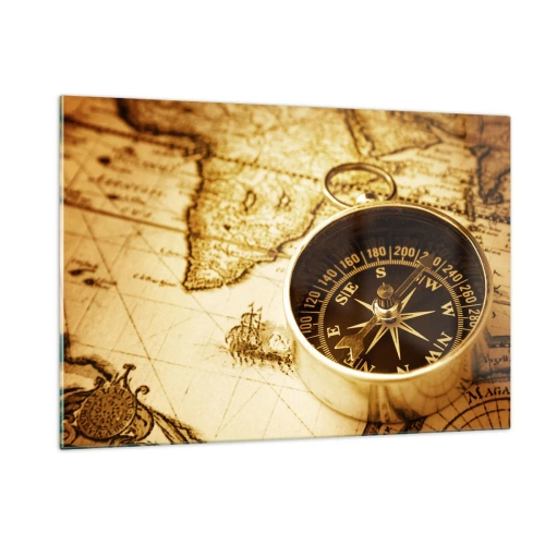 Obraz na szkle - Złoty kompas na tle starej mapy - 120x80cm - Na wschód czy na zachód? - Nowoczesna dekoracja ścienna do salonu, kuchni i sypialni ARTTOR