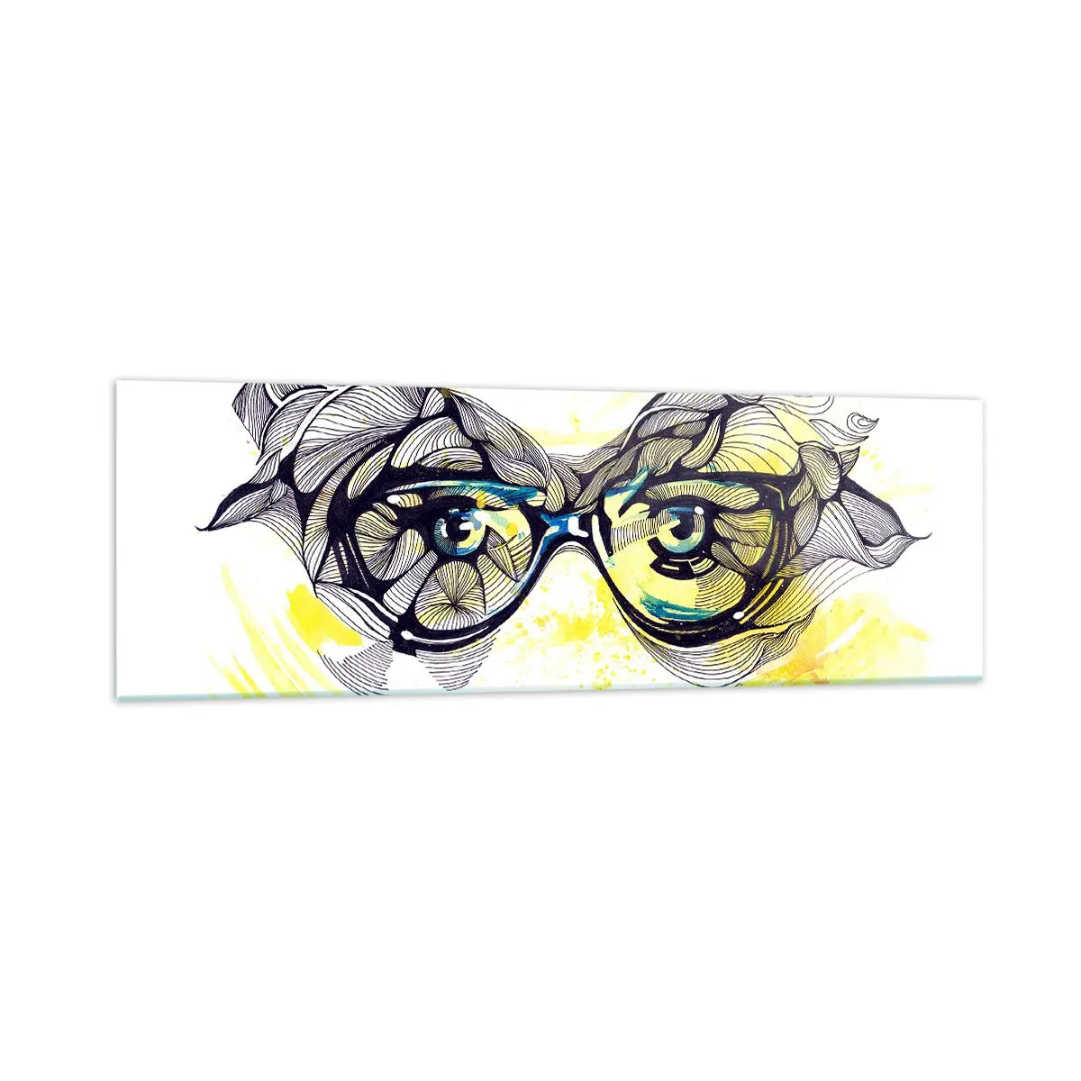 Obraz na szkle - Artystyczna grafika okularów z wyrazistymi oczami - 160x50cm - Przez błękitne okulary - Nowoczesna dekoracja ścienna do salonu i sypialni ARTTOR