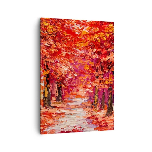 Obraz na płótnie - Jesienny pejzaż namalowany impastem w ciepłych odcieniach czerwieni i pomarańczu - 50x70cm - Jesienna impresja - Nowoczesna dekoracja ścienna do salonu, kuchni i sypialni ARTTOR