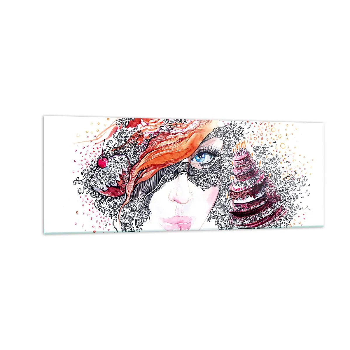 Obraz na szkle - Artystyczny portret kobiety z detalami i czerwonym akcentem - 140x50cm - Z nią codziennie jest święto - Nowoczesna dekoracja ścienna do salonu i sypialni ARTTOR