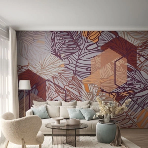 Fototapeta Premium Canvas - Dekoracyjny wzór liści tropikalnych w odcieniach fioletu, pomarańczu i beżu - 100x70cm - Związek niemozliwy geometrii i natury - Nowoczesna dekoracja ścienna do salonu i sypialni ARTTOR