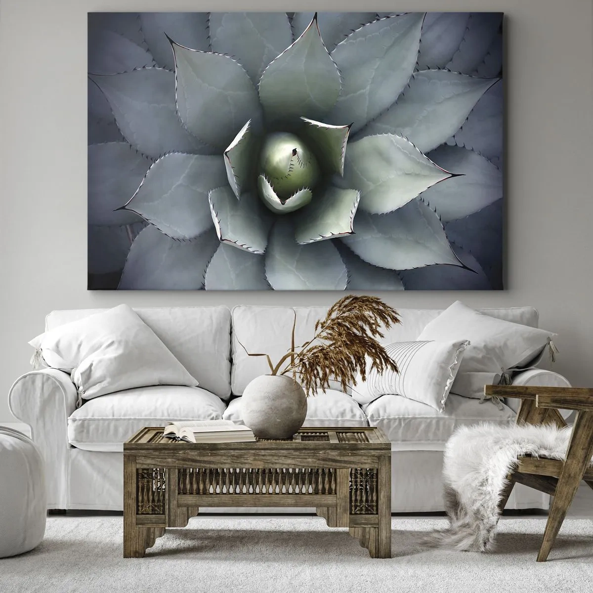 Obraz na płótnie - Zbliżenie na rozetę agawy w delikatnych odcieniach zieleni - 70x50cm - Wabi i przestrzega - Nowoczesna dekoracja ścienna do salonu i sypialni ARTTOR