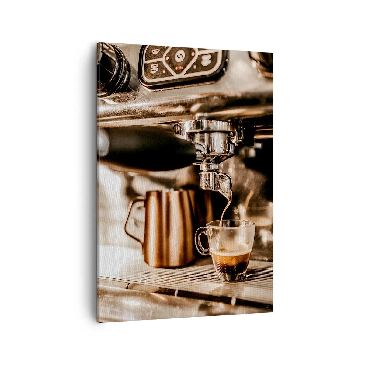 Obraz na płótnie - Ekspres do kawy nalewający aromatyczne espresso do szklanej filiżanki - 50x70cm - Blask kawy - Nowoczesna dekoracja ścienna do salonu, kuchni i sypialni ARTTOR