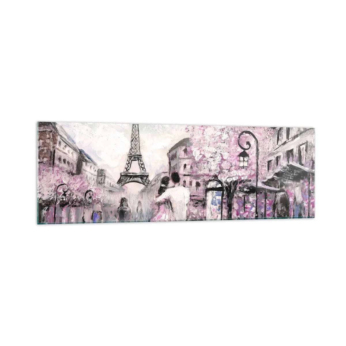 Obraz na szkle - Romantyczny spacer w Paryżu przy Wieży Eiffla - 160x50cm - Jak zakochac się, to tylko w… - Nowoczesna dekoracja ścienna do salonu i sypialni ARTTOR