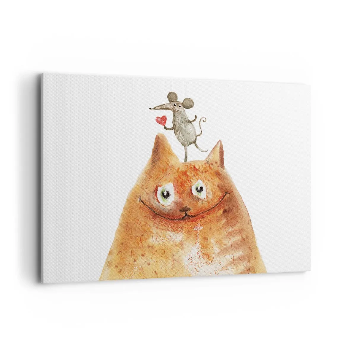 Obraz na płótnie - Rysunek kota z myszą na głowie trzymającą serce - 100x70cm - Paradoksy miłości - Nowoczesna dekoracja ścienna do salonu, kuchni i sypialni ARTTOR