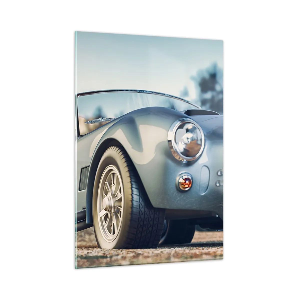 Obraz na szkle - Sportowy samochód na tle gór - 50x70cm - Bo liczy się styl - Nowoczesna dekoracja ścienna do salonu, kuchni i sypialni ARTTOR