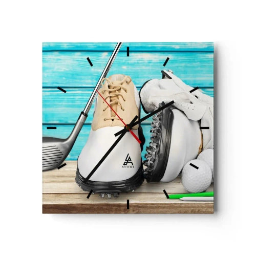 Zegar ścienny - Zestaw akcesoriów golfowych na drewnianym tle - 30x30cm - Wszystko gotowe - Nowoczesna dekoracja ścienna do salonu i sypialni ARTTOR