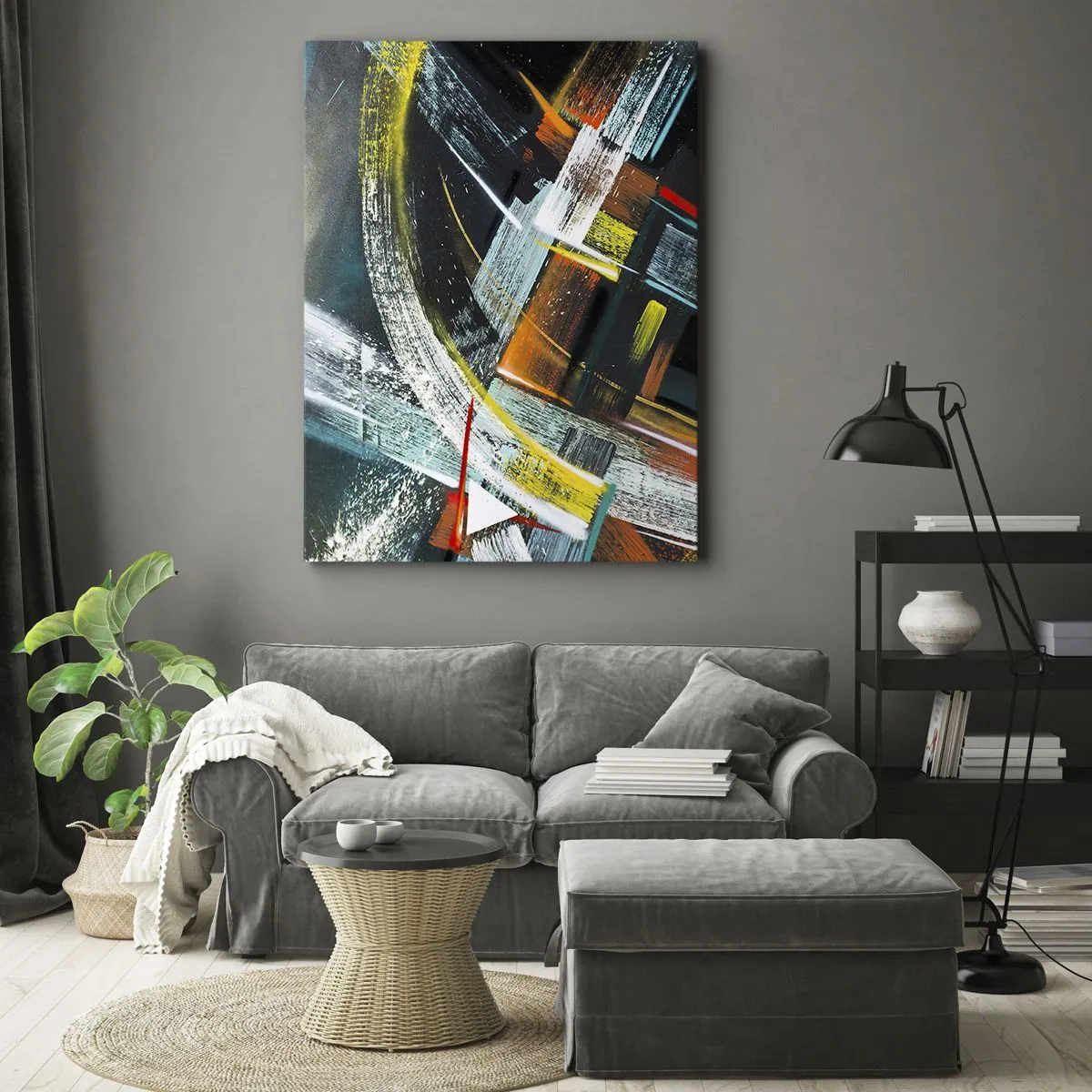 Obraz na płótnie - Dynamiczna abstrakcja z kolorowymi pociągnięciami pędzla - 50x70cm - Energia ruchu - Nowoczesna dekoracja ścienna do salonu, kuchni i sypialni ARTTOR