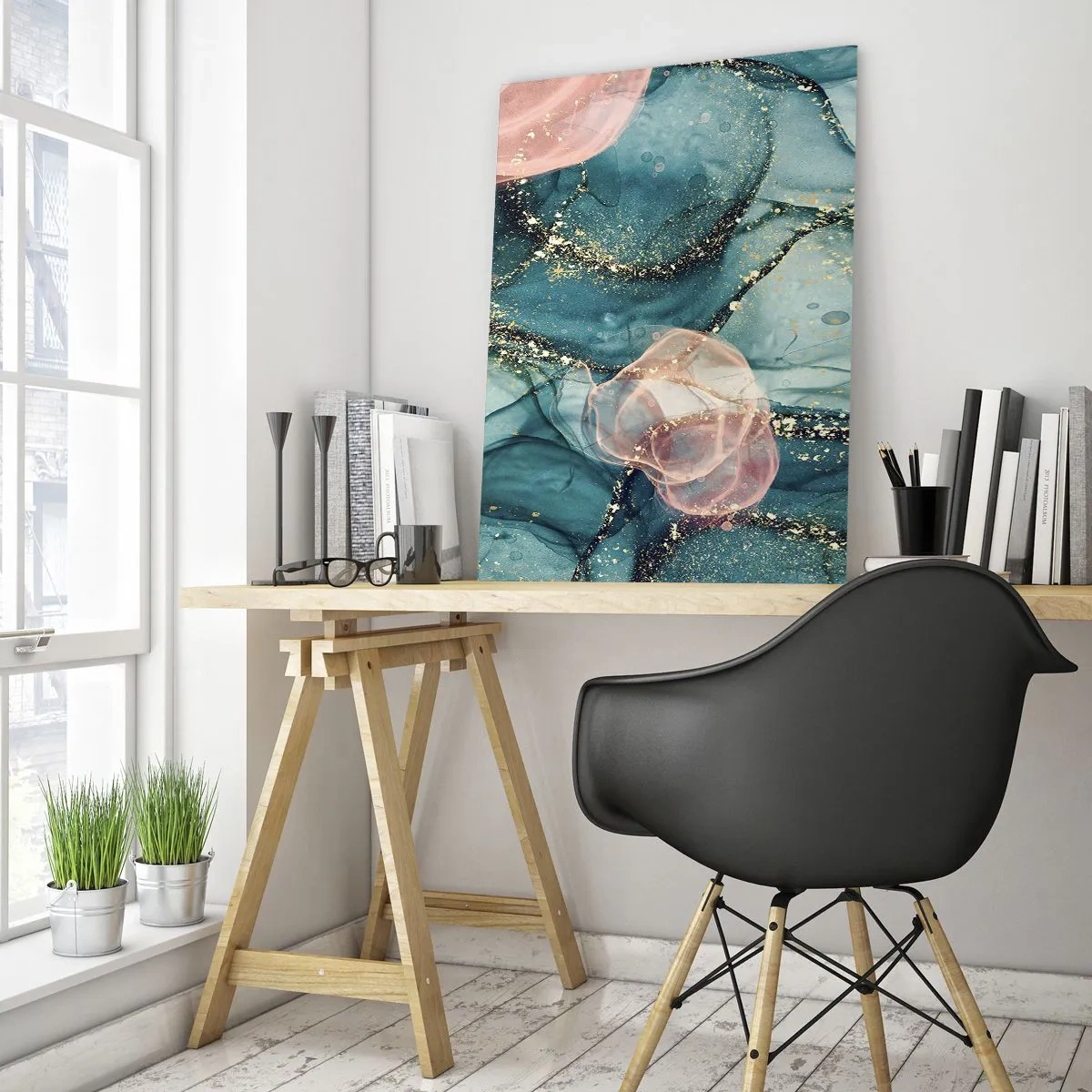 Obraz na szkle - Abstrakcyjna kompozycja w odcieniach turkusu i złota - 80x120cm - Jedwabny błękit, tiulowy róż - Nowoczesna dekoracja ścienna do salonu i sypialni ARTTOR