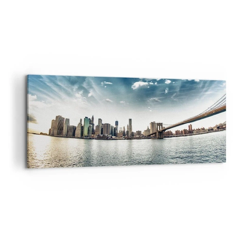 Obraz na płótnie - Panorama miasta z mostem na tle błękitnego nieba - 120x50cm - Szklana wyspa - Nowoczesna dekoracja ścienna do salonu i sypialni ARTTOR