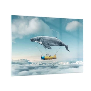 Obraz na szkle - Wieloryb unoszący samolot nad chmurami w surrealistycznej scenerii - 70x50cm - Dlaczego nie? - Nowoczesna dekoracja ścienna do salonu i sypialni ARTTOR
