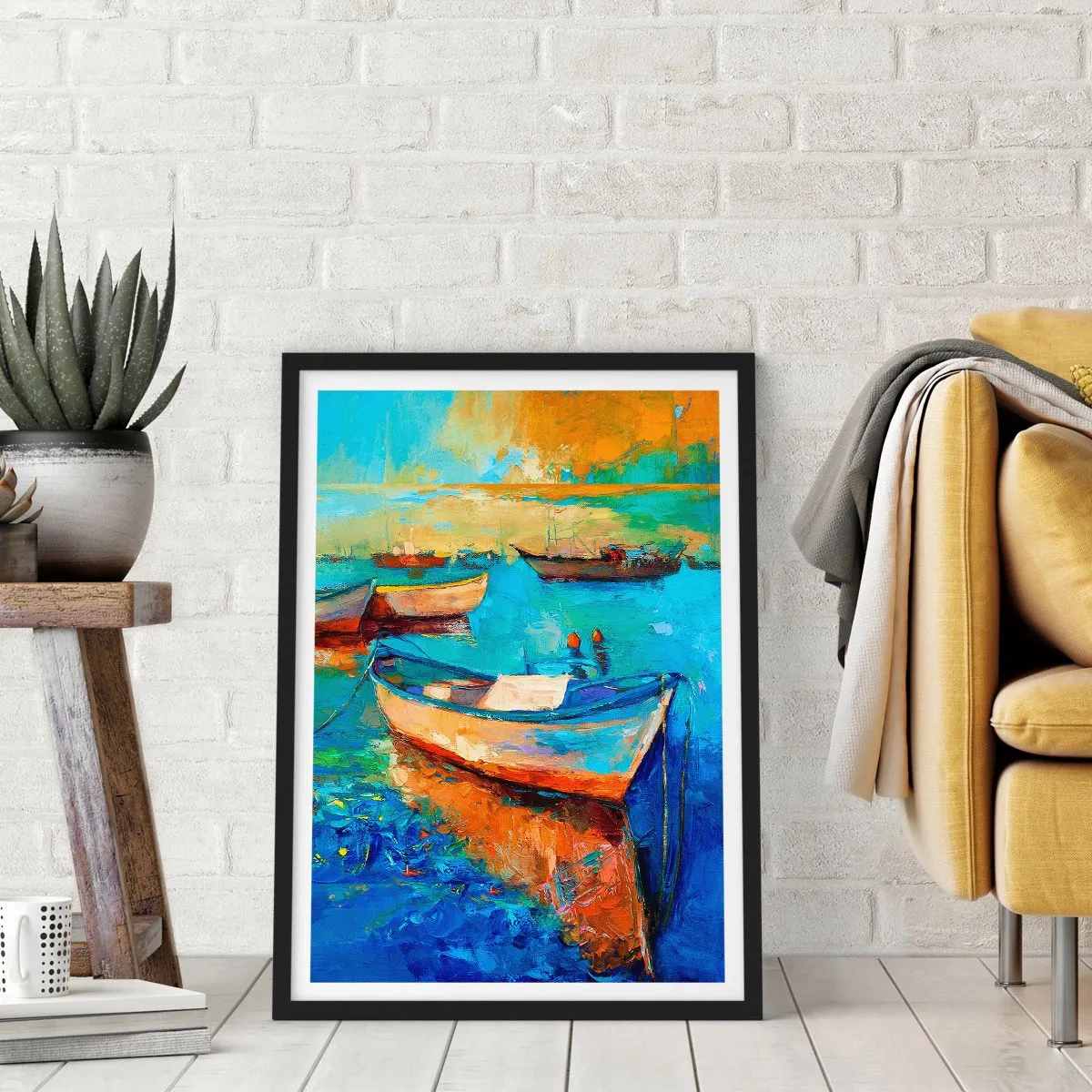 Plakat w czarnej ramie - Kolorowe łodzie na wodzie w impresjonistycznym stylu - 50x70cm - W południowej zatoce - Nowoczesna dekoracja ścienna do salonu i sypialni ARTTOR